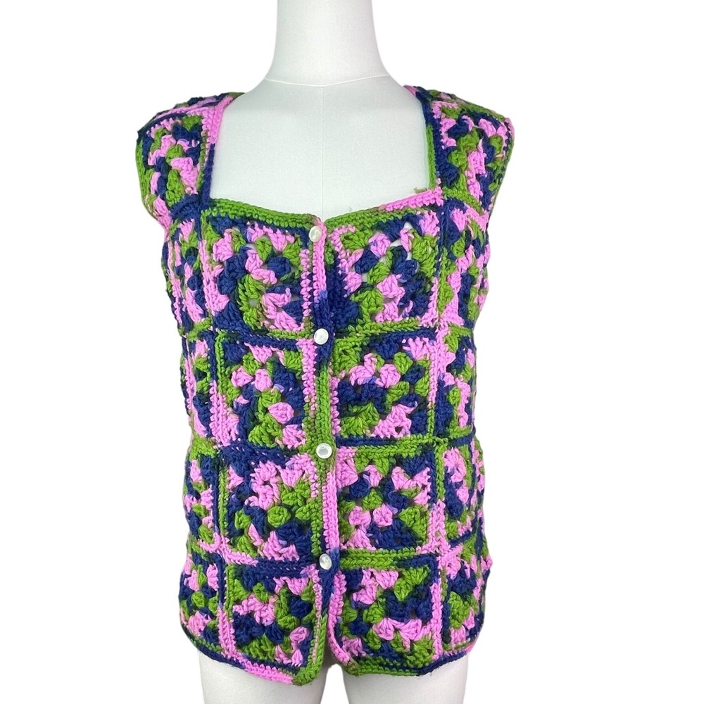 Handmade Crochet Granny Square Sweater‎ Vest Women's Size Small, Boho, cottage